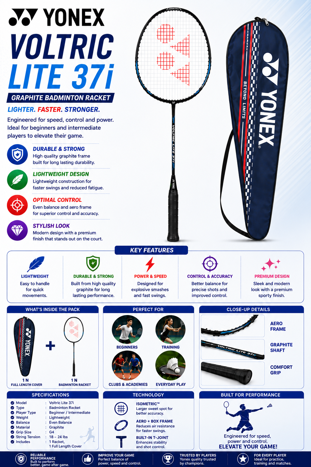 Yonex Voltric Lite 37i Ultra Lightweight Badminton Racket | Ideal for Intermediate Players