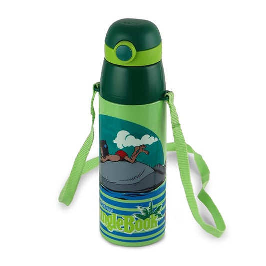A green and blue Jungle Book themed water bottle with a matching green shoulder strap, featuring a cartoon illustration of Jungle Juice on a rock.