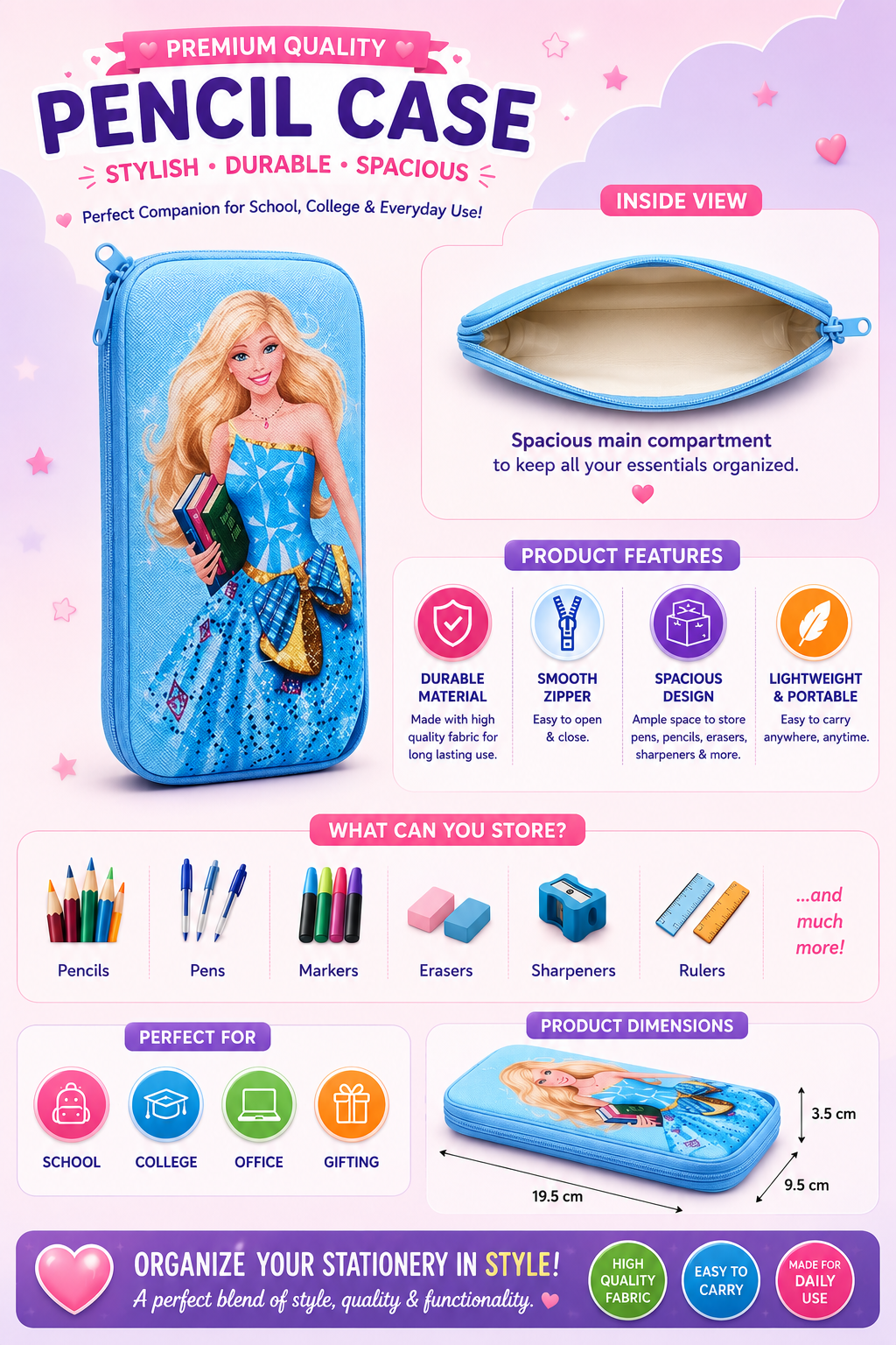 Princess Zipper Pencil Box Stationery Organizer for kids