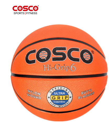 An orange COSCO Hi-Grip 6 basketball with black and white branding, set against a plain white background with the COSCO Sports|Fitness logo in the top-left corner.