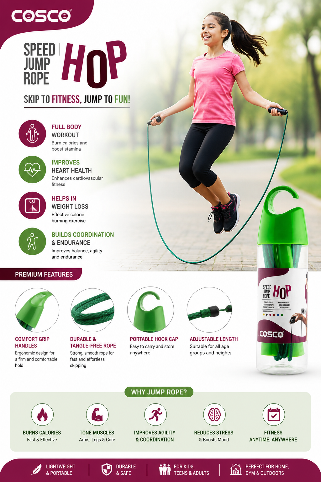 An infographic-style product listing for the COSCO Speed Jump Rope. The image features a woman jumping with the green and white jump rope on a blurred outdoor path, alongside product features, benefits, and a close-up of the jump rope bottle on the right.