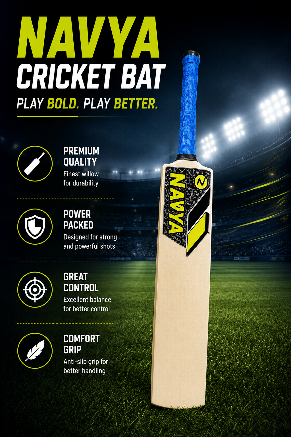 NAVYA Lightweight Plastic Cricket Bat with Grip