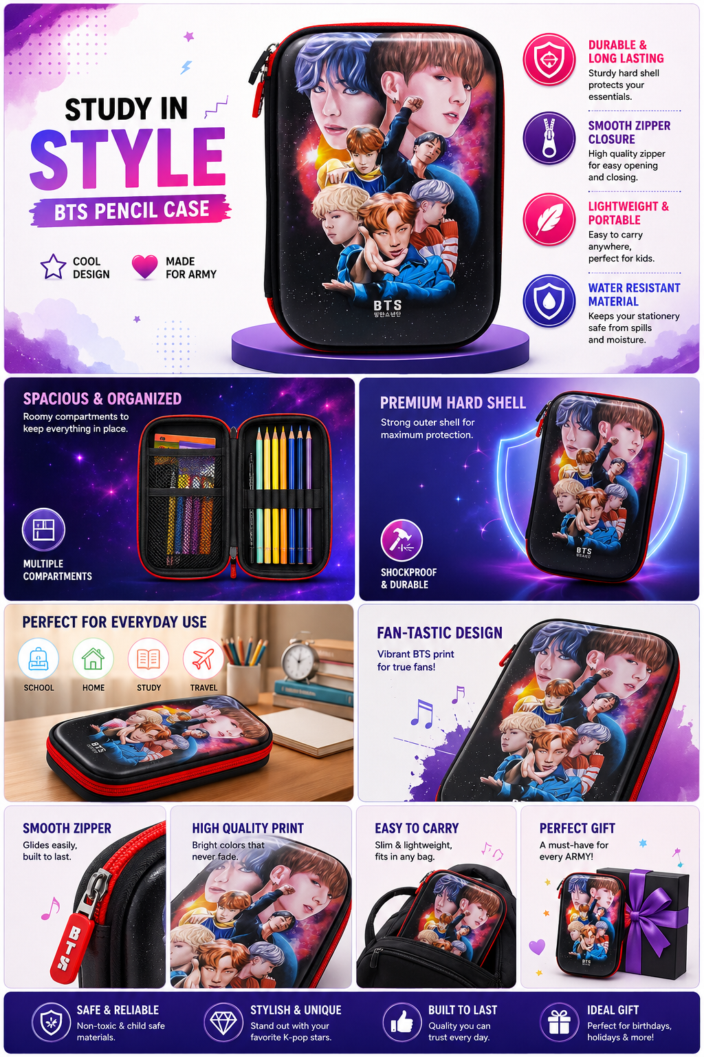 BTS Theme Pencil Case for Boys & Girls | Durable EVA Hard Shell Pencil Box for School