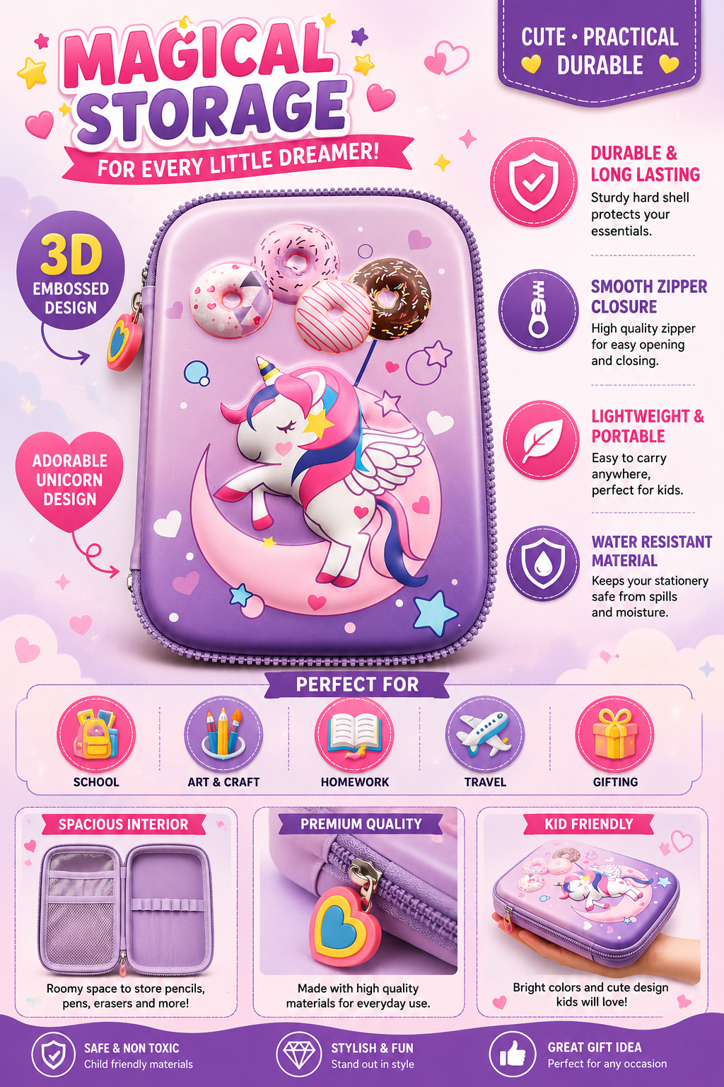 3D Unicorn EVA Pencil Pouch for Girls | Large Capacity Multi-Compartment Stationery Case