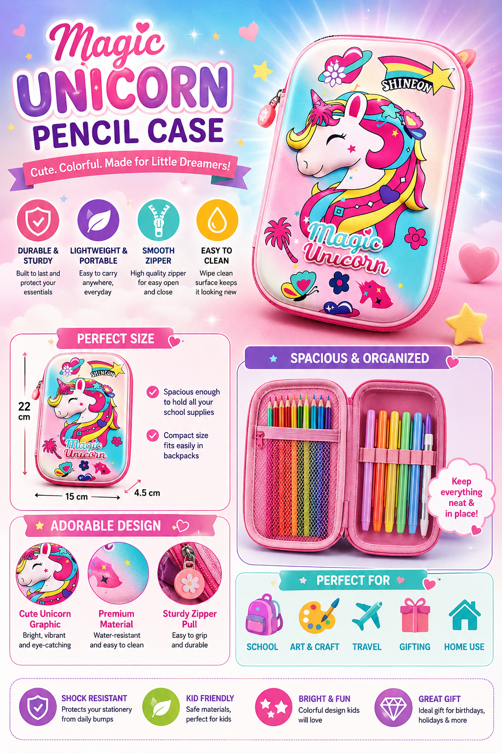 Unicorn Hard Top Pencil Pouch with Rainbow Print | Durable Zipper Pencil Case for School Kids