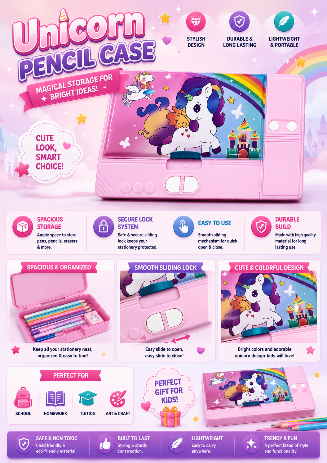 Fancy Unicorn Pencil Box for Girls | Spacious organiser with multiple compartements