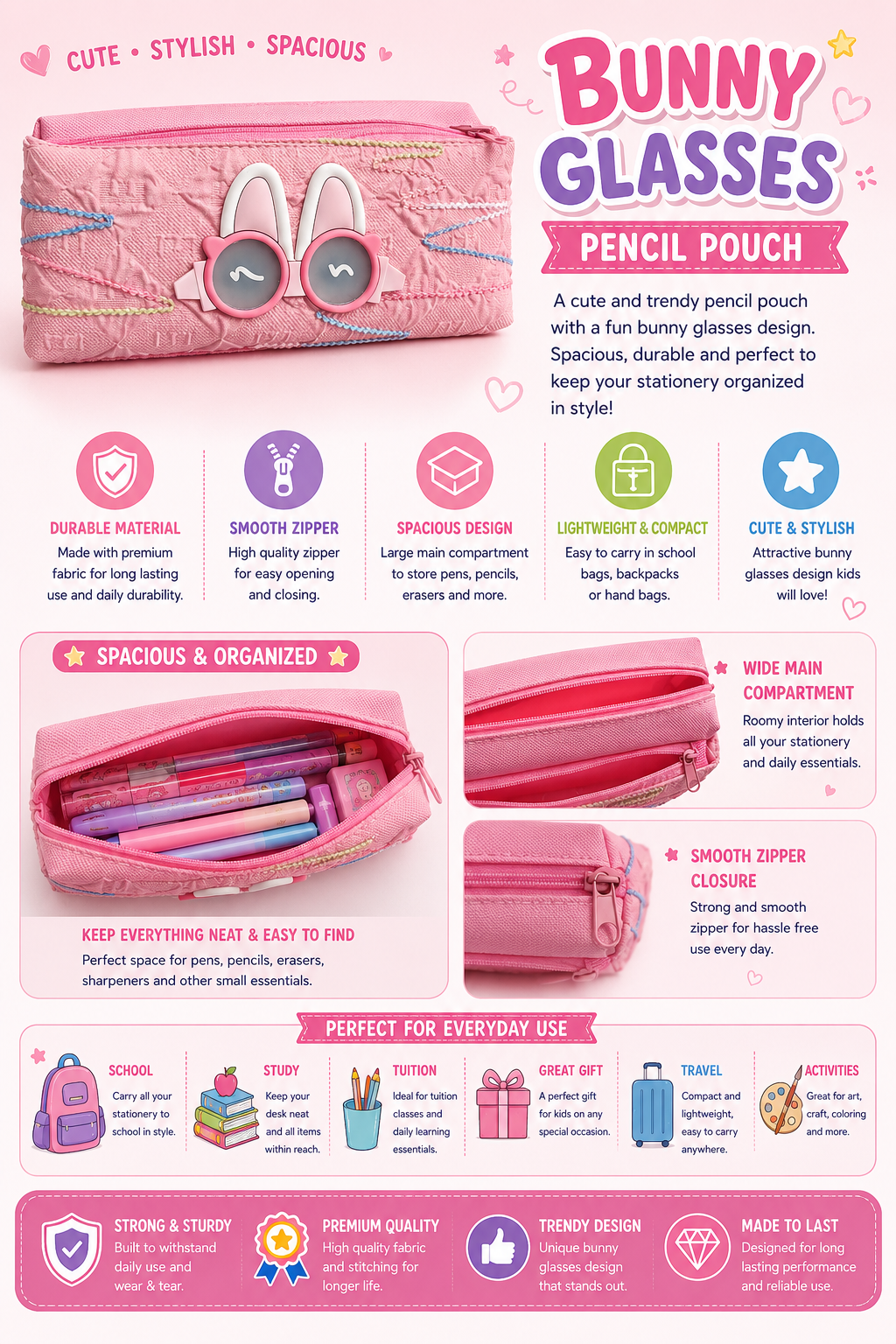 Cute Bunny Glasses Pencil Pouch for Kids | 3D Rabbit Design Zipper Pencil Case for School
