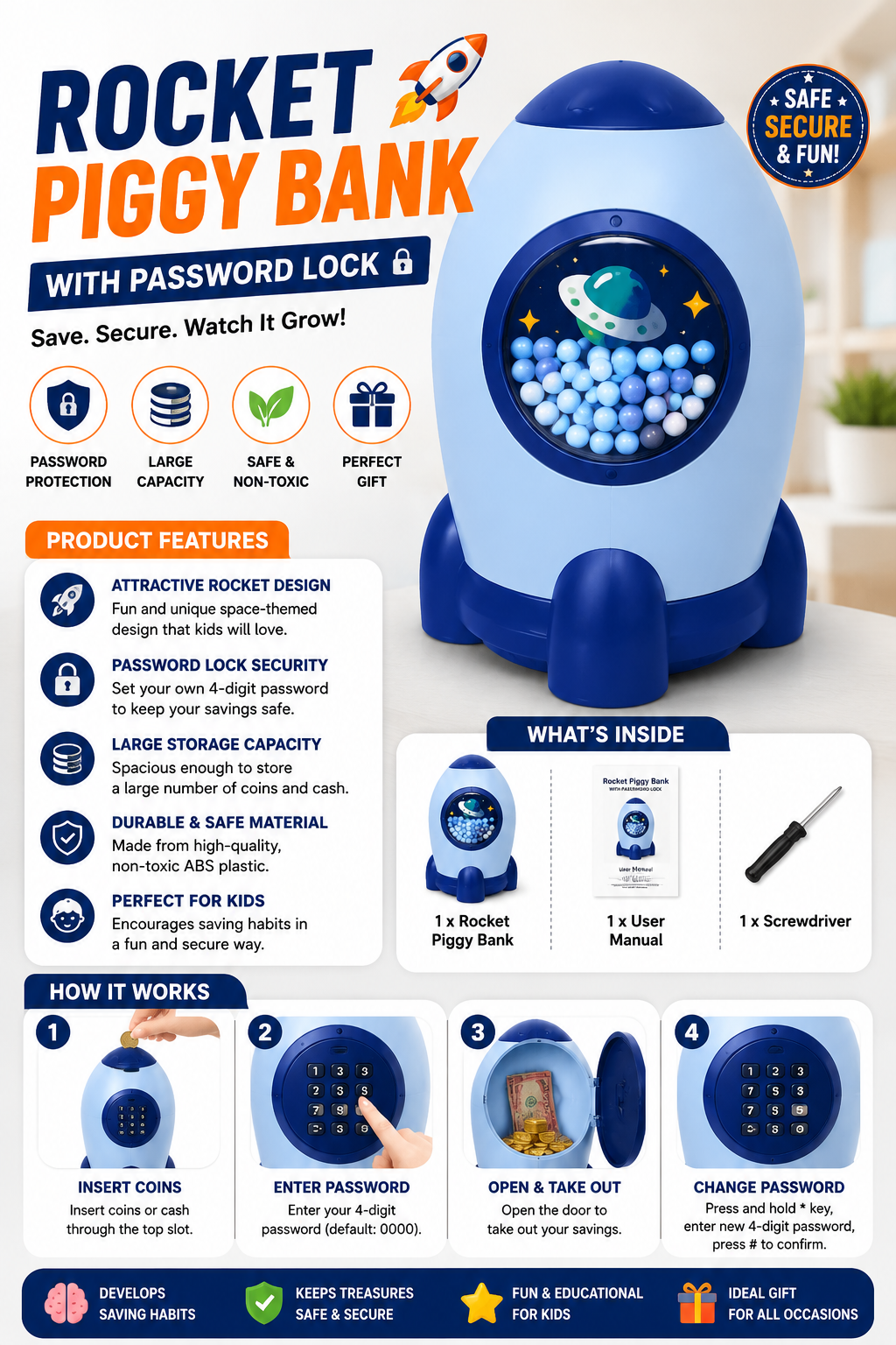 Rocket Shape Piggy Bank | Coin Saving Box for Children with Security Lock