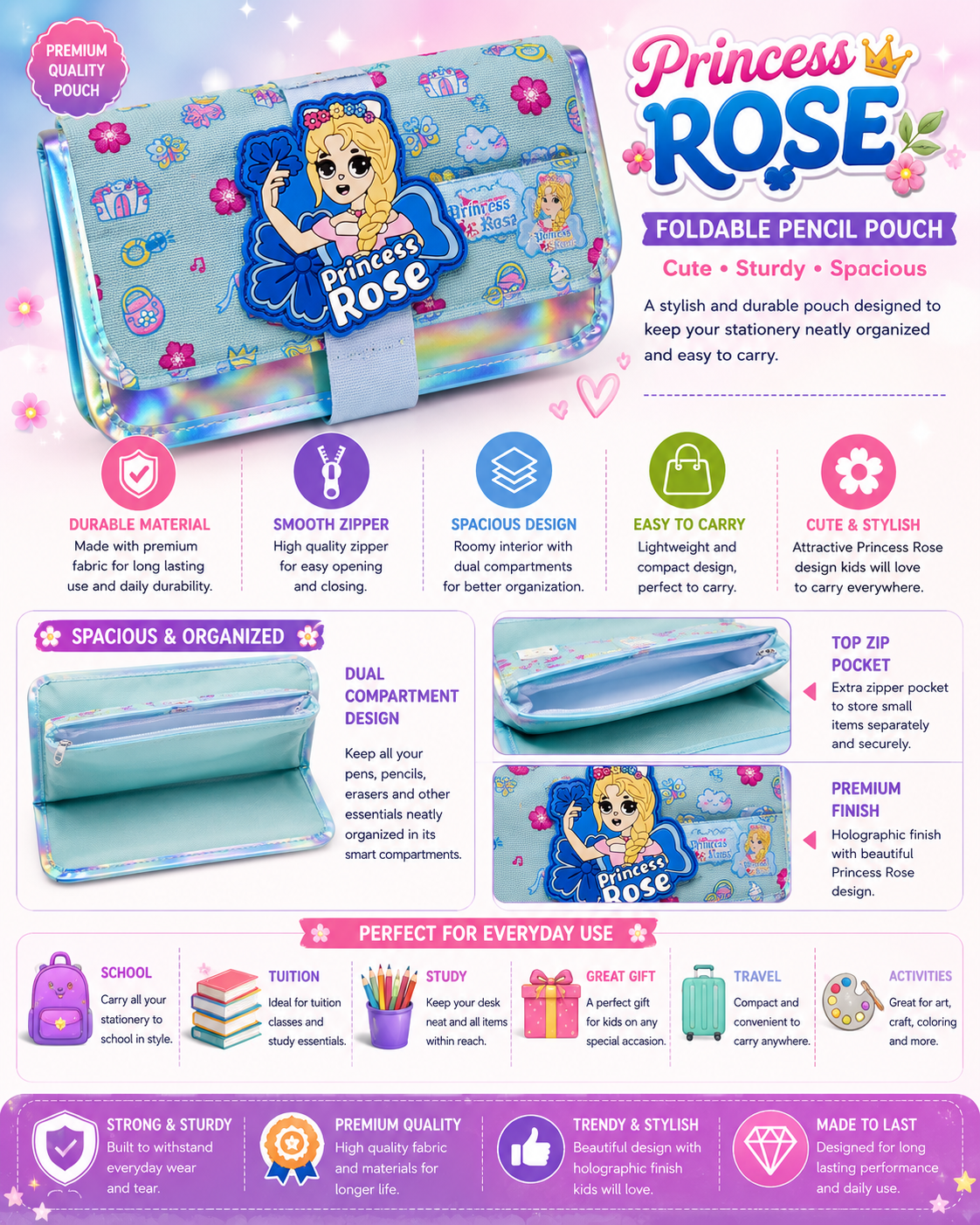 Cute Princess Rose Pencil Organizer Pouch | Durable School Pencil Case for Girls