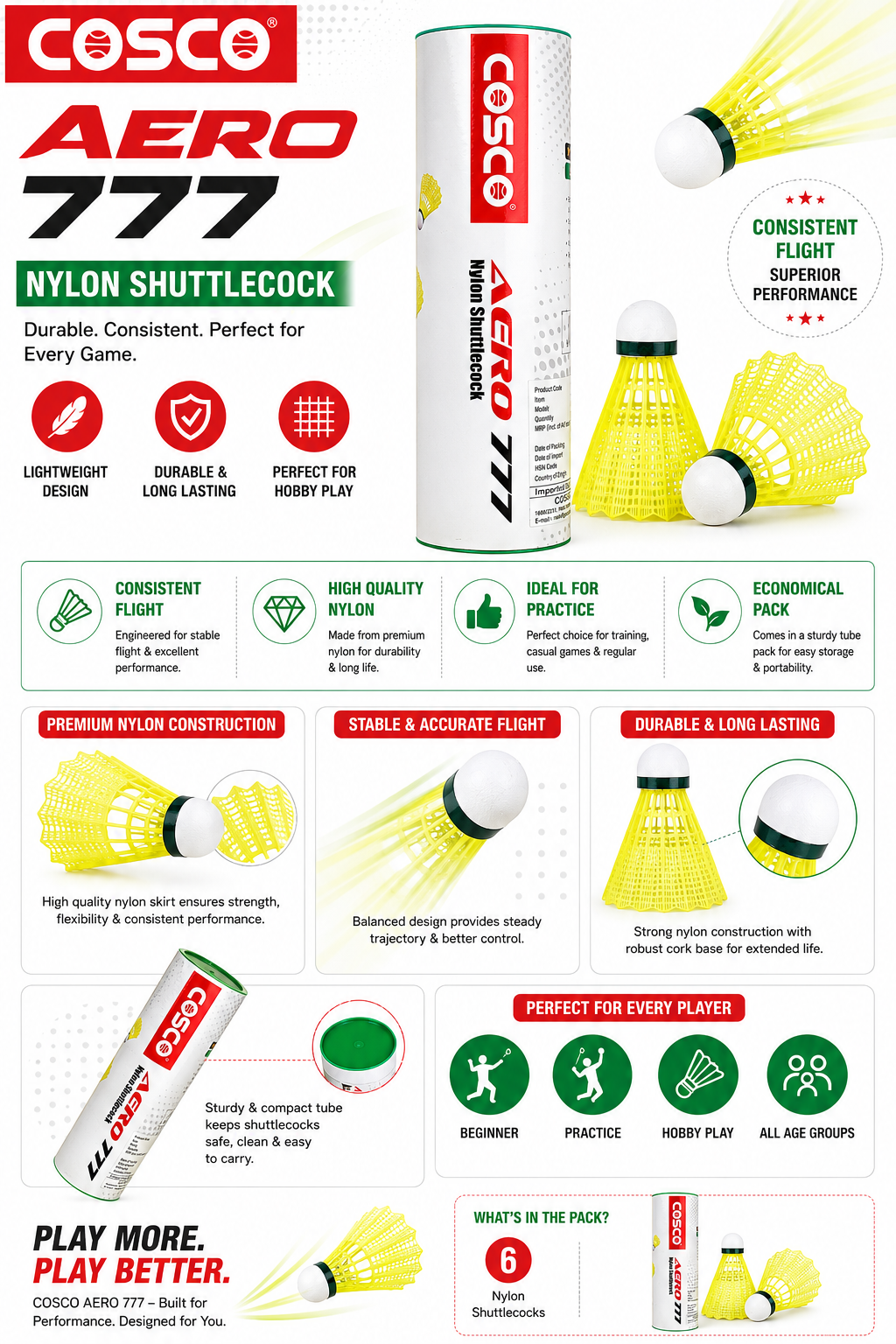 Aero 777 Nylon ShuttleCock Cosco | Durable Badminton Shuttle (Pack of 6)