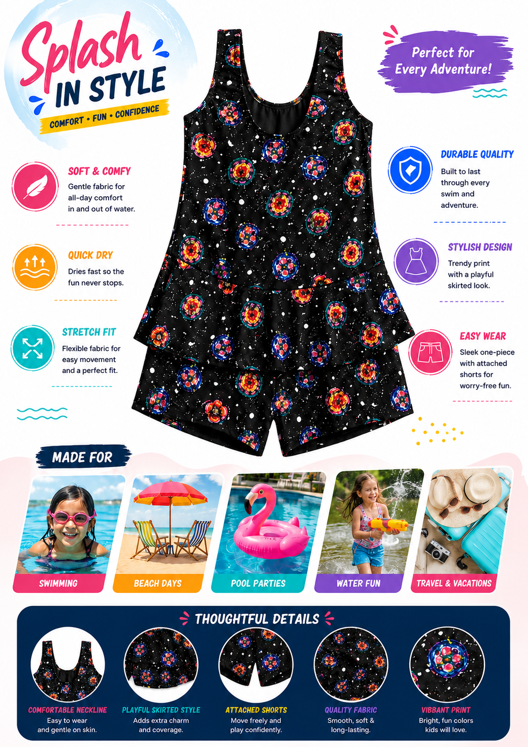 Stylish Girls Sleeveless swim suit with Colorful Floral and Cosmic Print
