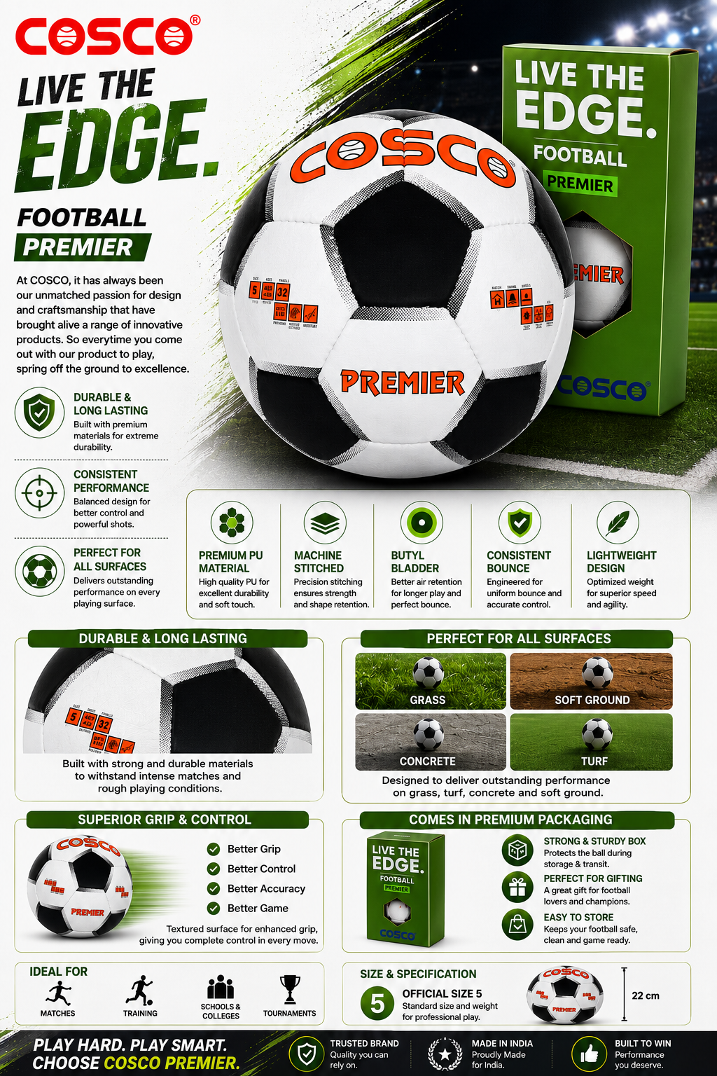 COSCO Premier Football | Rubber Soccer Ball for Training & Matches
