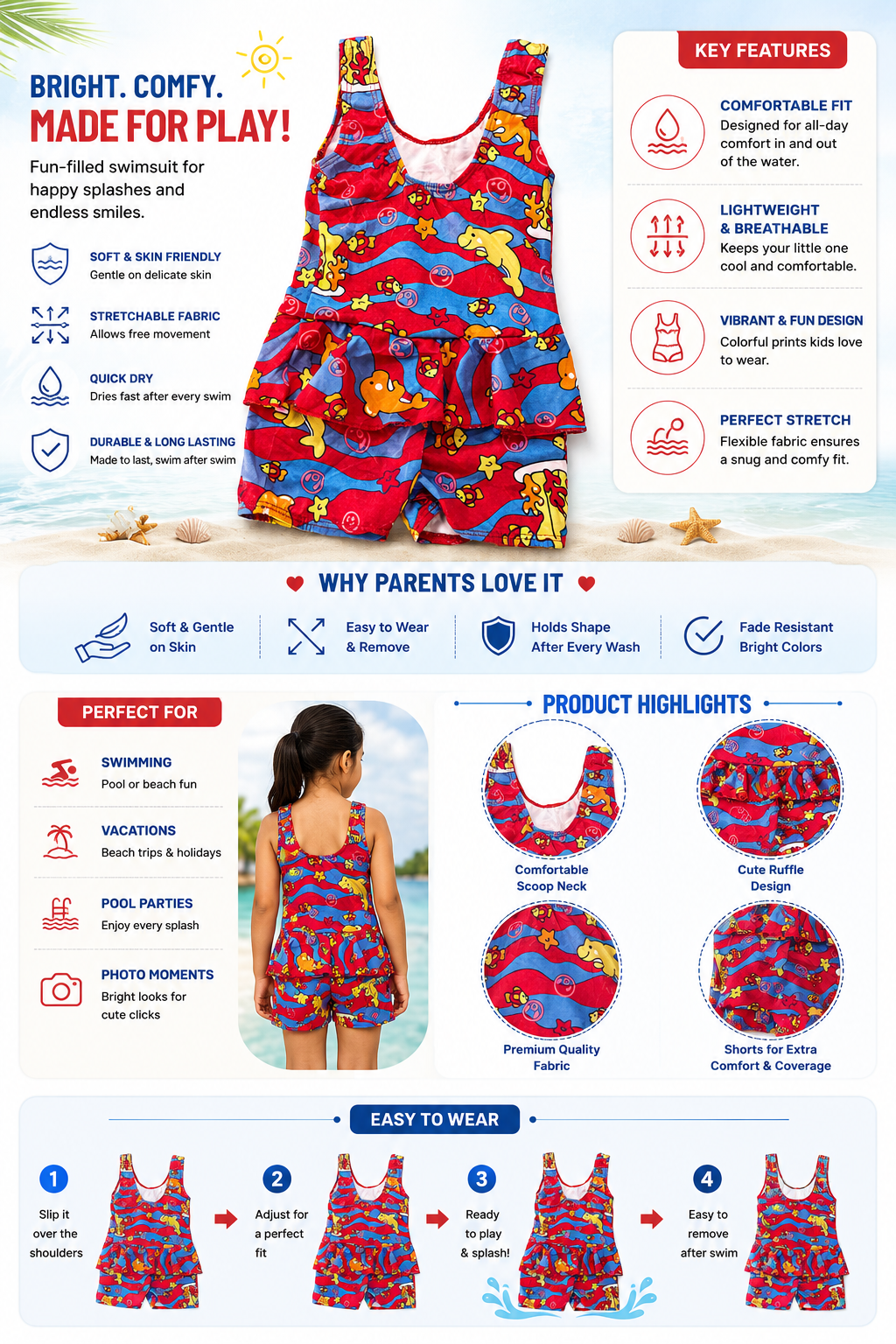 Girls One-Piece Swimsuit with Shorts | Colorful Sea Life Print Swimwear