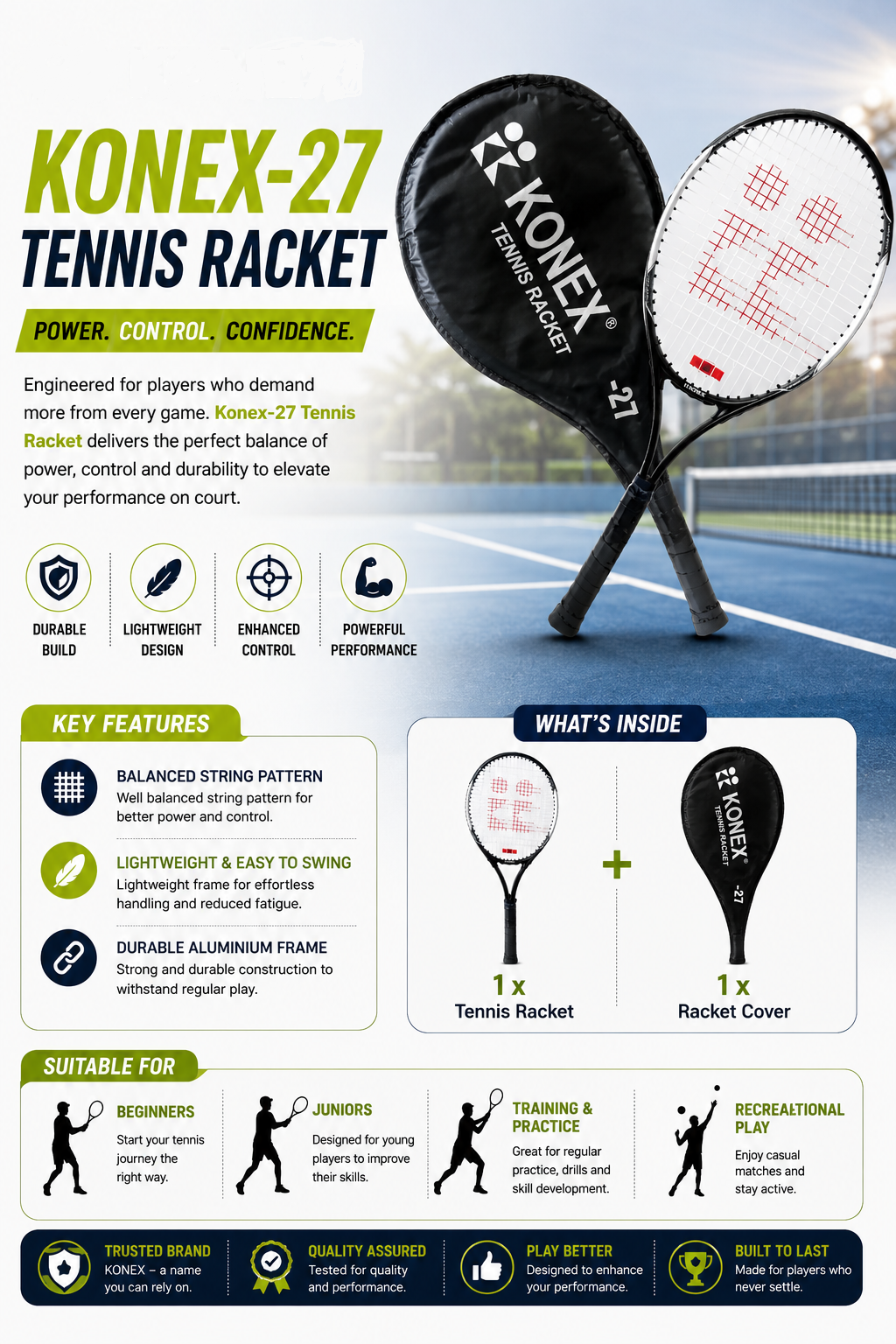Konex 27-Inch Tennis Racket | Full-Size Aluminium Frame with Cover