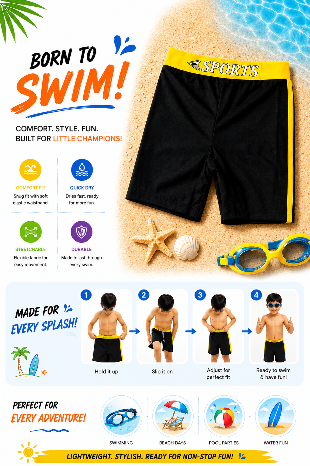 Boys Athletic Yellow Swim Trunks with Contrast Side Panels