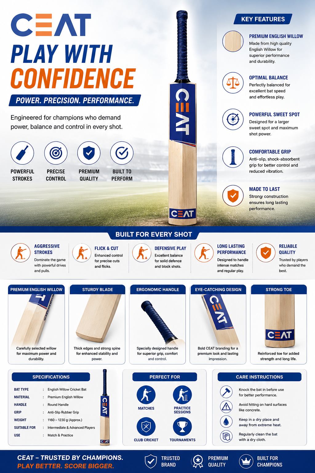 CEAT Willow Cricket Bat | Ideal for Training and Competitive Play