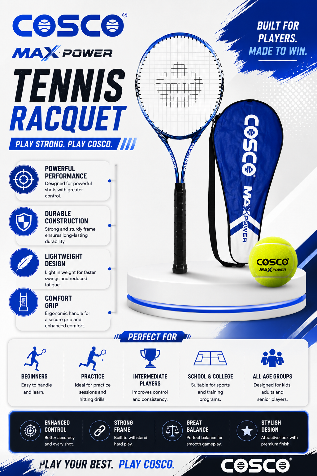 COSCO Max Power Tennis Racquet | Aluminium O-Beam Frame | Recreational Tennis