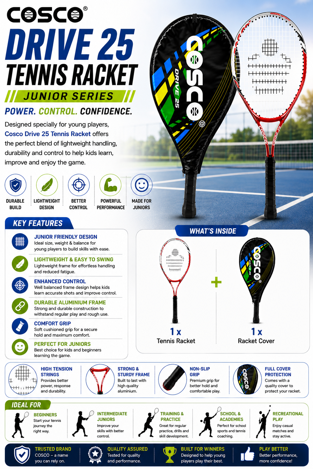 COSCO Drive-25 Tennis Racket | Lightweight Junior Racquet for Kids