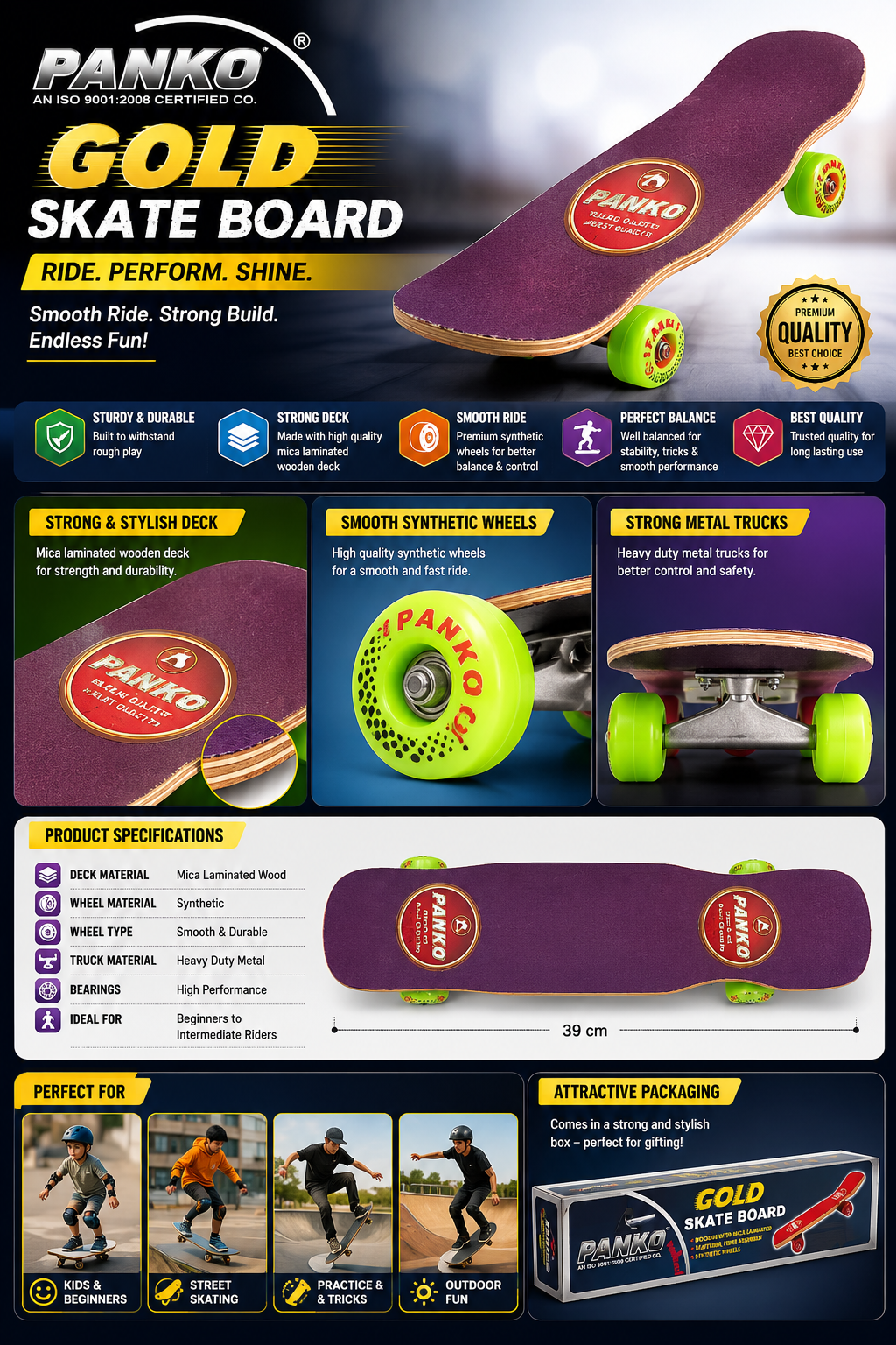 PANKO Gold Skate Board | Beginner-Friendly Skateboard for Daily Practice