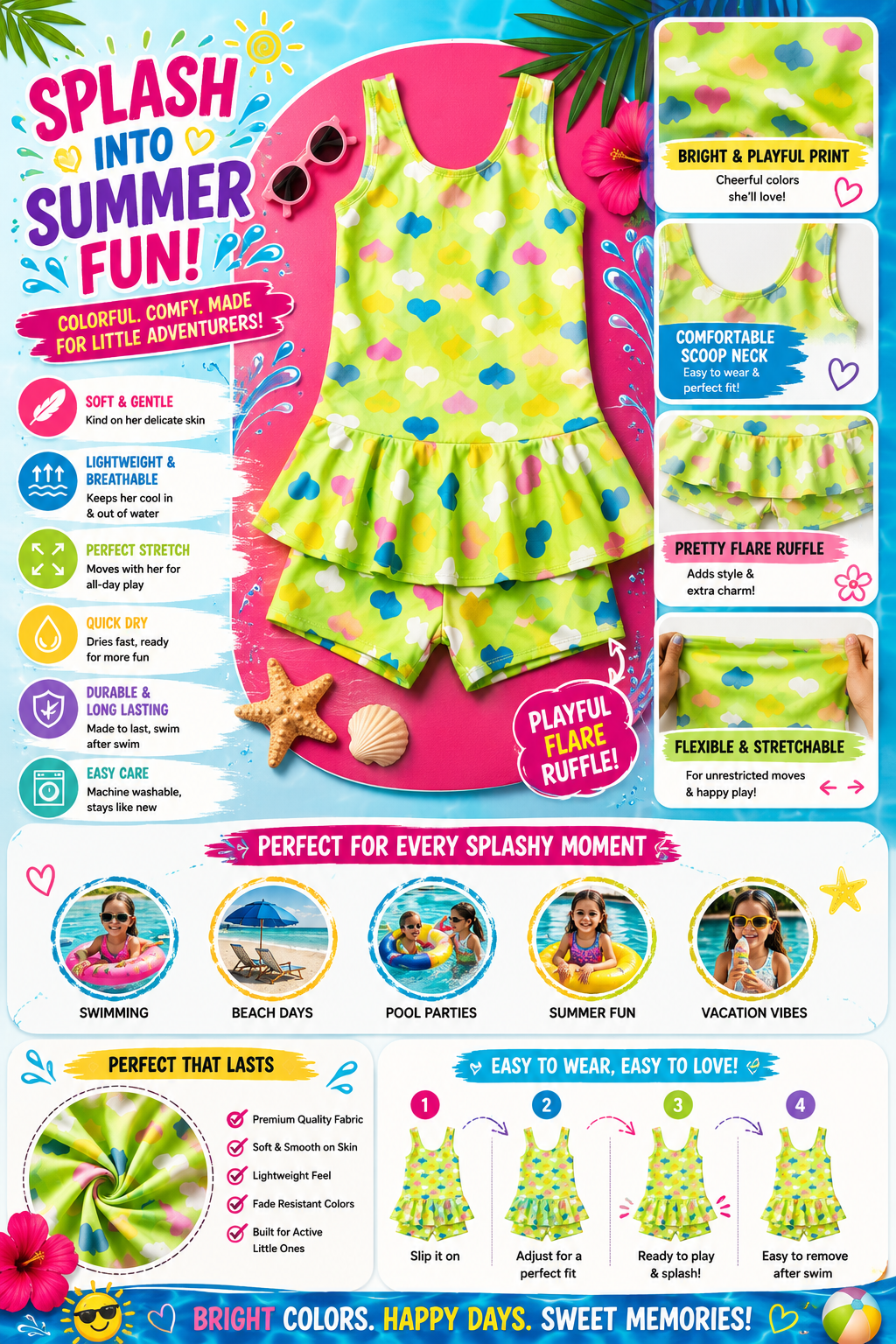 Girls Light Green Heart Print One-Piece Swim Dress with Attached Shorts