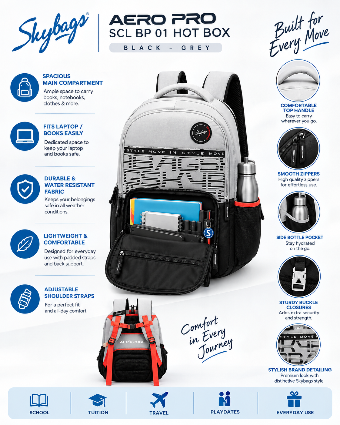 Skybags Aero Pro Hot Box Black-Grey School Backpack |38L