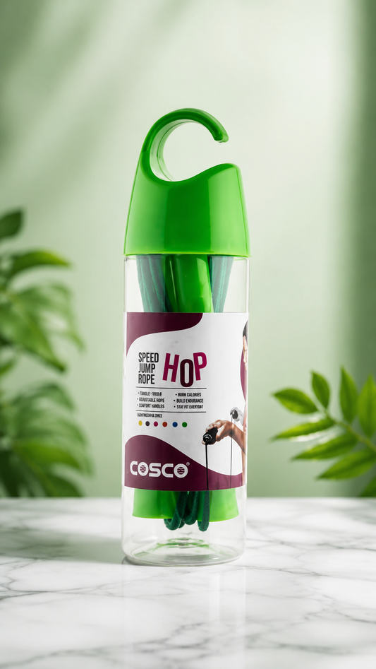 A clear plastic water bottle with a bright green cap and carrying loop, featuring a white and purple Cosco Speed Kip Hop label, set on a marble surface with a soft green background.