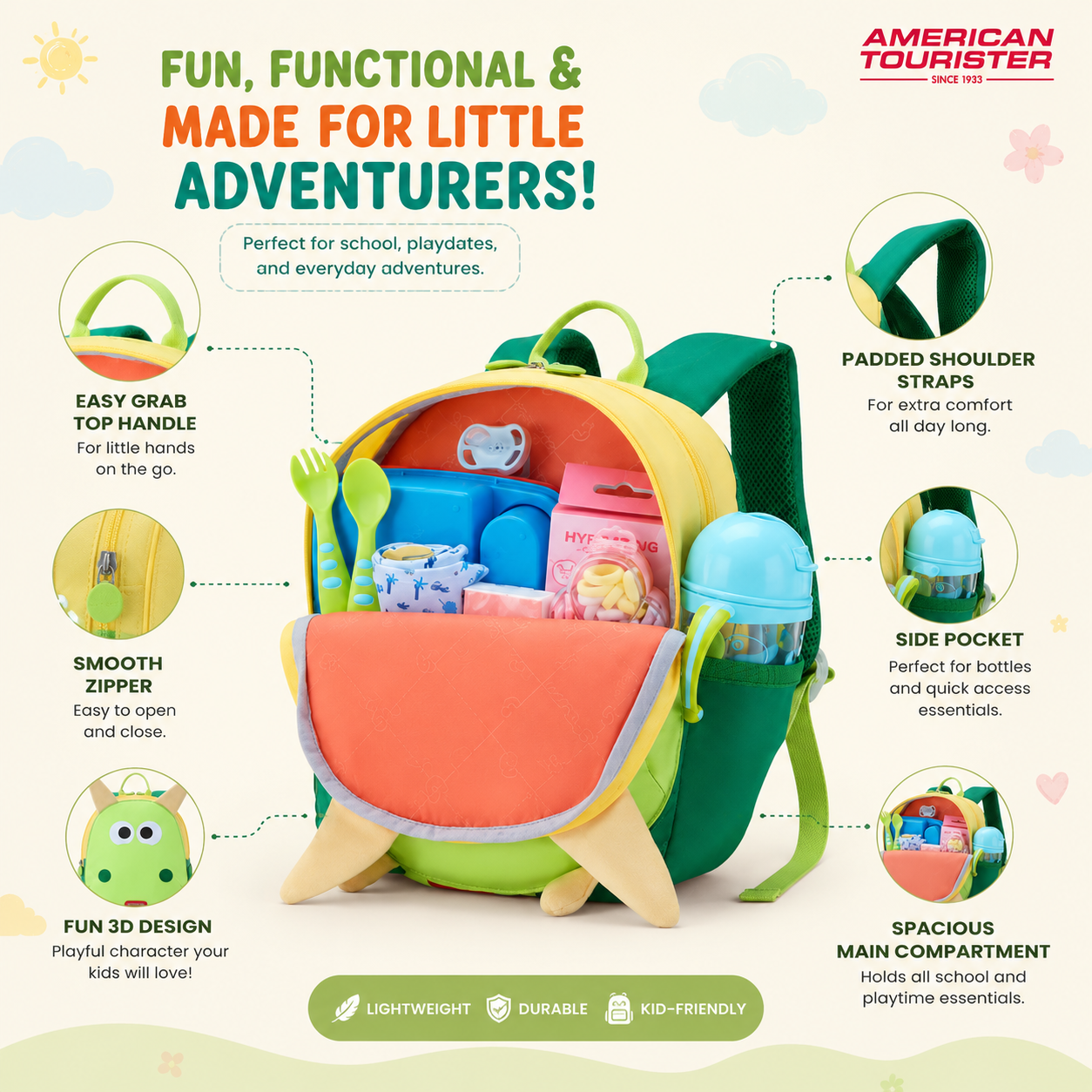 A colorful children's backpack shown on a light cream background with callout circles and text describing its features. The backpack has green straps and sides, a coral-pink front pocket, and a pale yellow front flap.