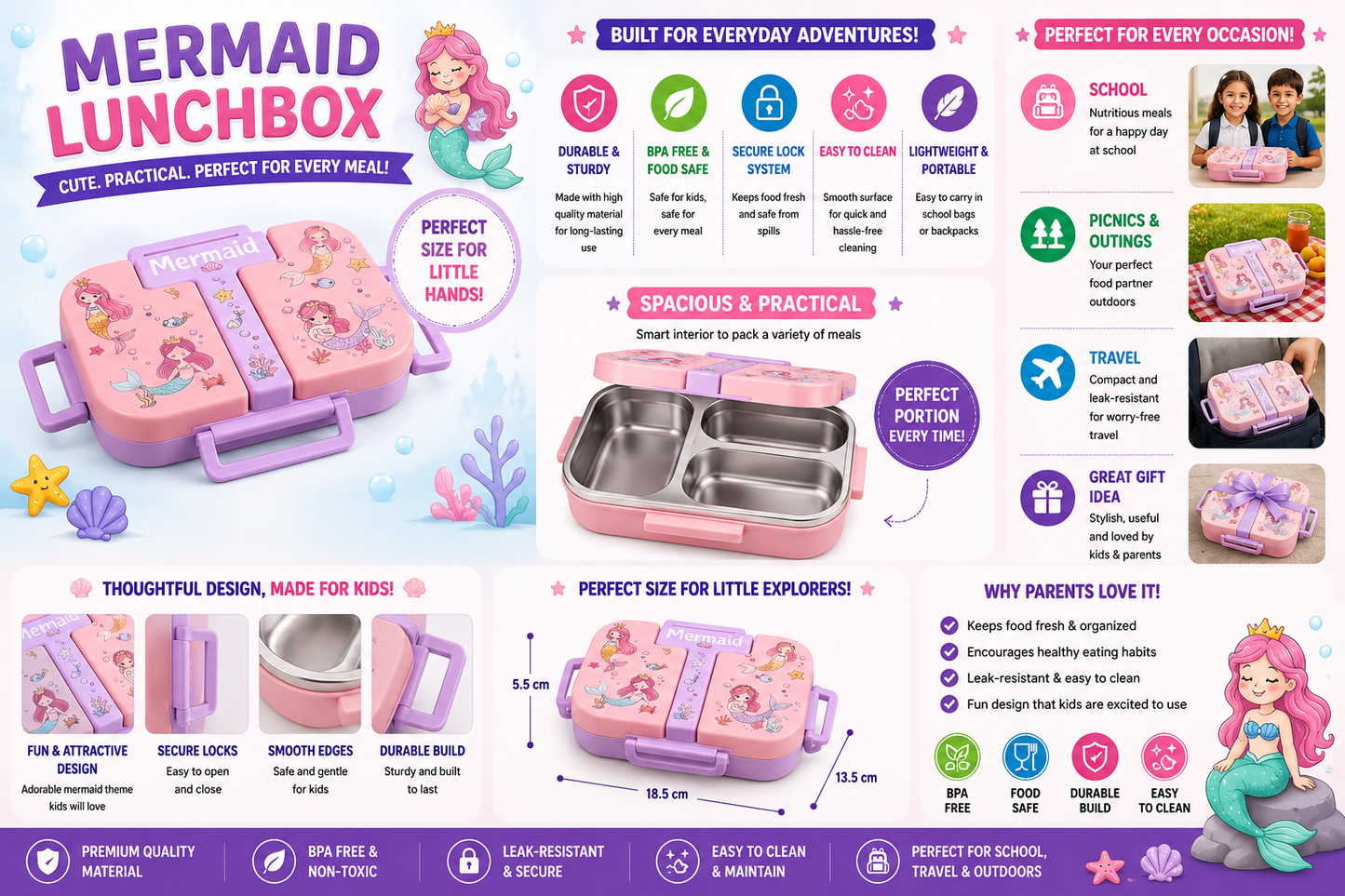 A promotional infographic for a pink mermaid-themed lunchbox set, showing the lunchbox in multiple views, a stainless steel inner bowl, and several feature callouts with icons and text on a white background.