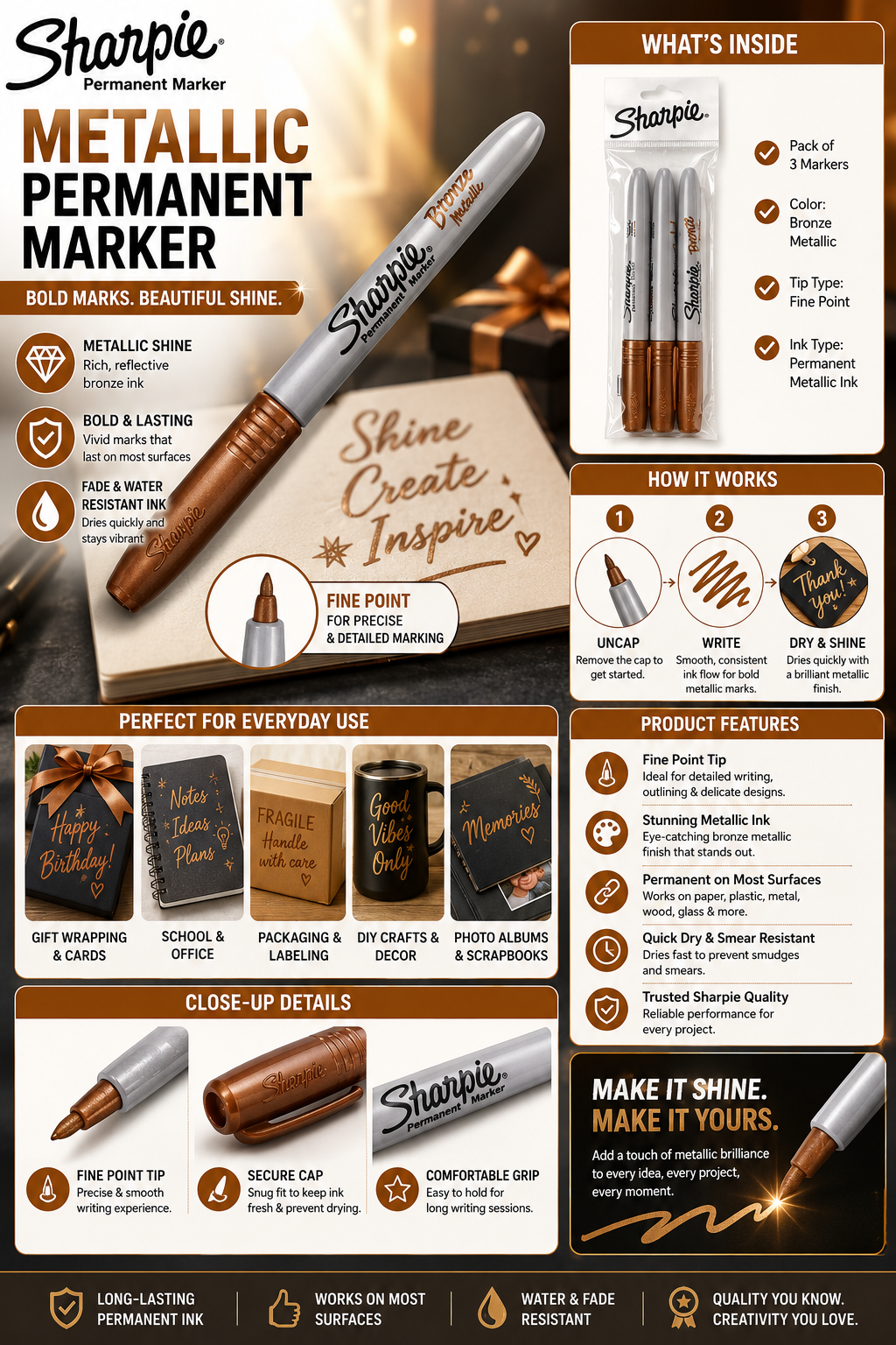 Sharpie Bronze Metallic Permanent Marker|set of 3 Marker