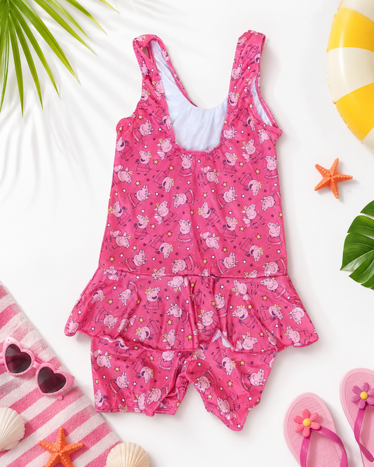 Girls' Printed Swimwear Set | One-Piece Swimsuit with Attached Shorts | 4XL