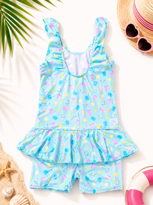 Girls' Printed Swimwear Set | One-Piece Swimsuit with Attached Shorts | 4XL