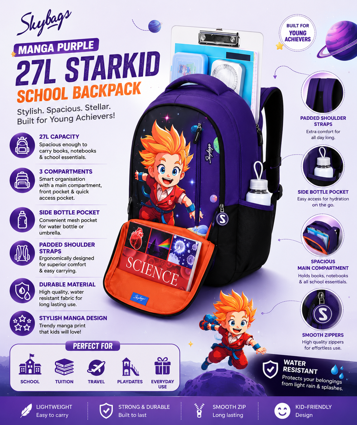 A purple and blue 27L Starkid School Backpack by Skybag, featuring a cartoon manga-style character on the front pocket and a red side bottle pocket, shown on a purple infographic background with feature callouts.