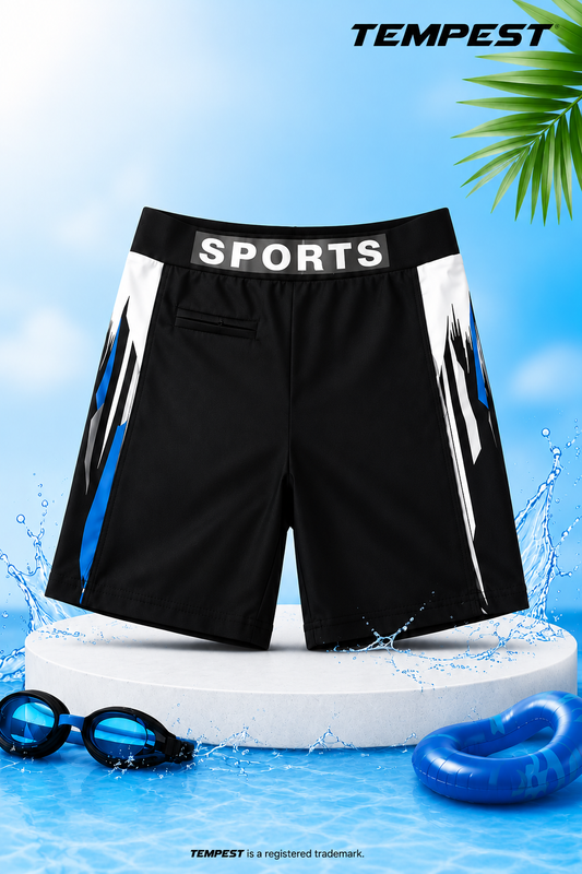 Boys Black Sports Swim Trunks with styls Patterned Side Stripes
