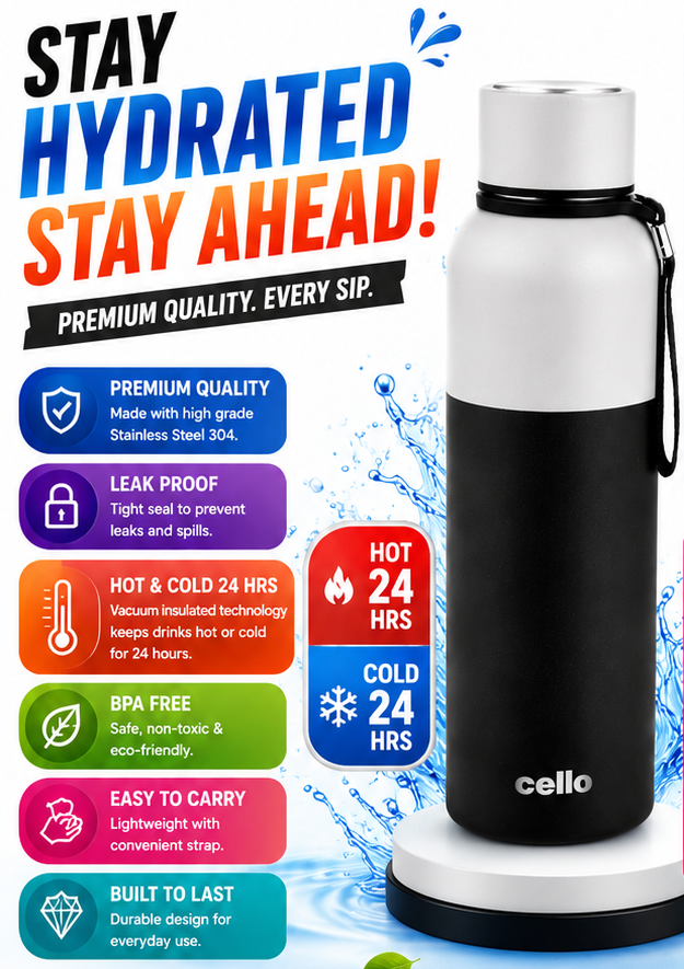 A stainless steel water bottle with a black lower half and white upper half, shown on a white charging base against a blue water-splash promotional background. Large text reads 'STAY HYDRATED STAY AHEAD!' and the bottle has the brand name 'cello' printed near the bottom.