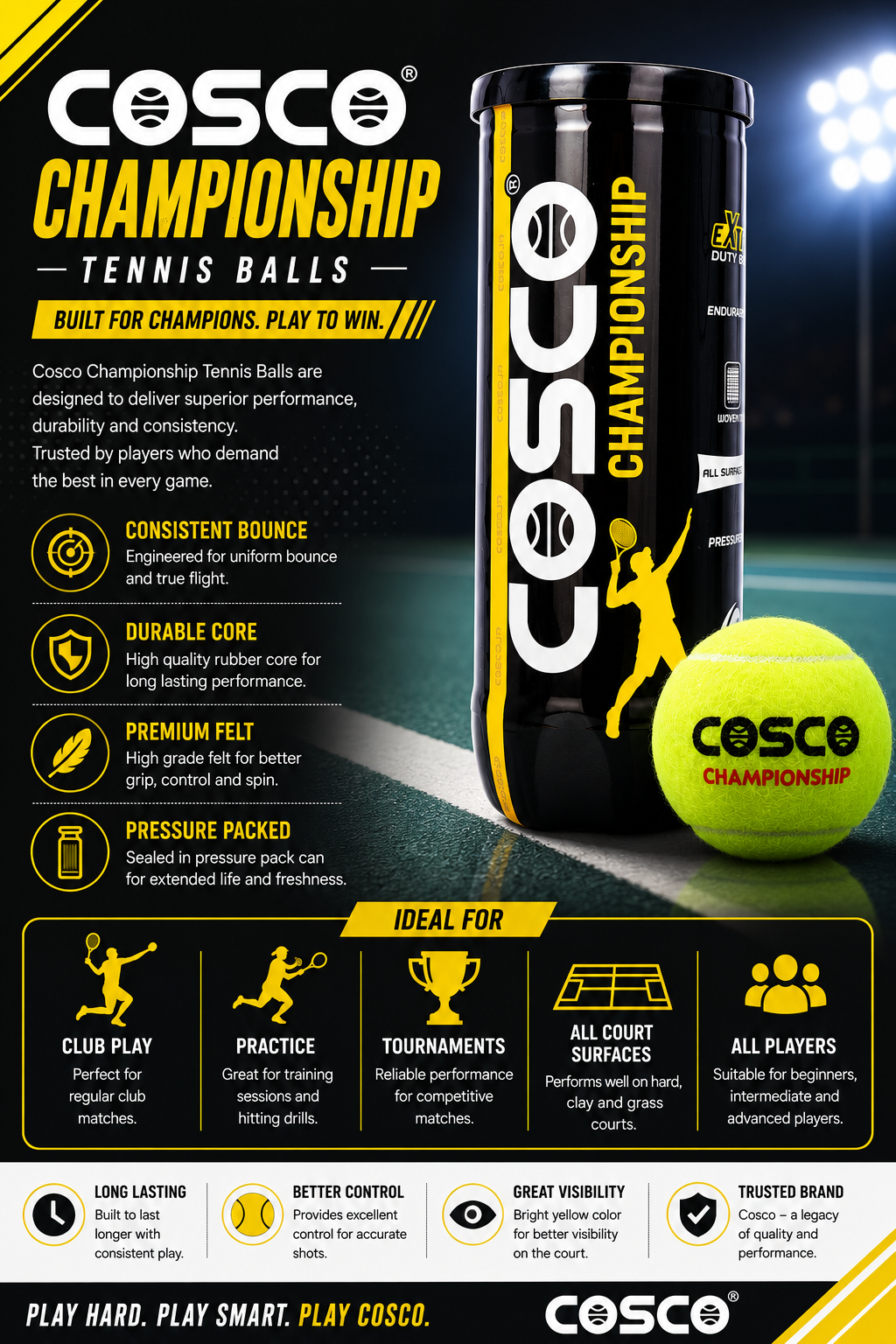 COSCO Championship Tennis Ball Set | Pack of 3 High-Performance Tennis Balls