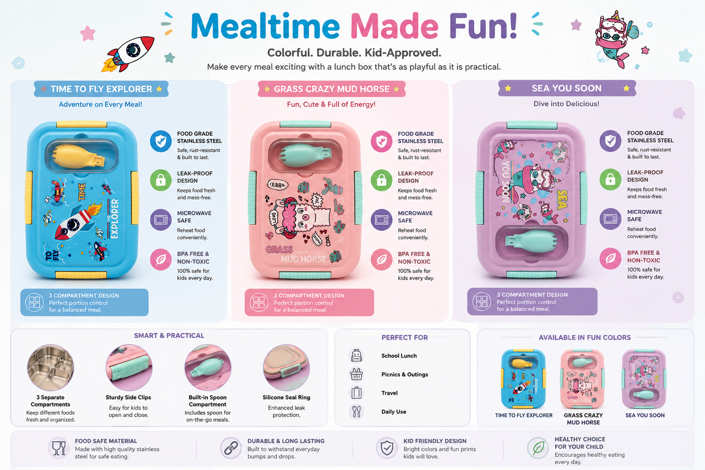 An infographic poster titled 'Mealtime Made Fun!' showcasing three cartoon-themed lunch boxes: 'Time to Fly Explorer' in blue, 'Grass Crazy Mud Horse' in pink, and 'Sea You Soon' in purple. The graphic includes illustrations of characters, icons for features like 'Colorful', 'Durable', and 'Kid-Approved', and a section showing small food items inside the lunch boxes.