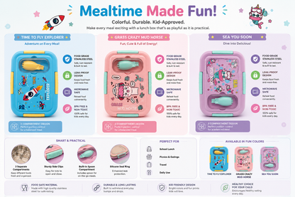 An infographic poster titled 'Mealtime Made Fun!' showcasing three cartoon-themed lunch boxes: 'Time to Fly Explorer' in blue, 'Grass Crazy Mud Horse' in pink, and 'Sea You Soon' in purple. The graphic includes illustrations of characters, icons for features like 'Colorful', 'Durable', and 'Kid-Approved', and a section showing small food items inside the lunch boxes.