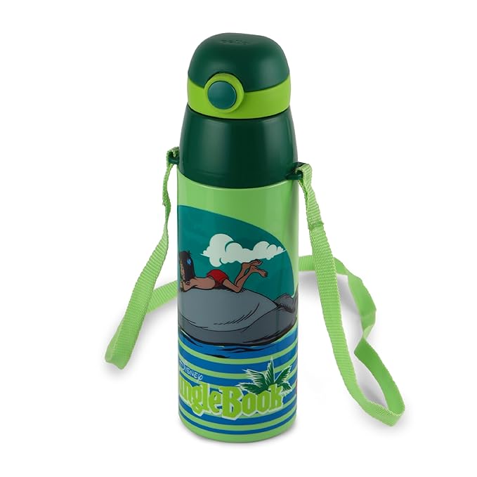A green and blue Jungle Book themed water bottle with a matching green shoulder strap, featuring a cartoon illustration of Jungle Juice on a rock.