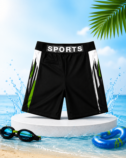 Boys Black Sports Swim Trunks with Green Patterned