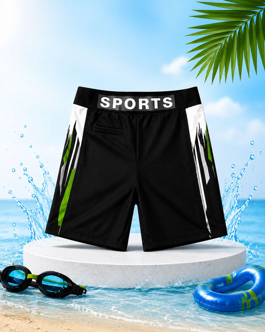 Boys Black Sports Swim Trunks with Green Patterned