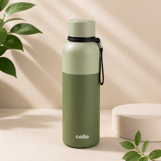 A matte two-tone water bottle in sage green and olive green with a black carrying strap, standing on a beige surface with soft leaf shadows and a small plant in the background.