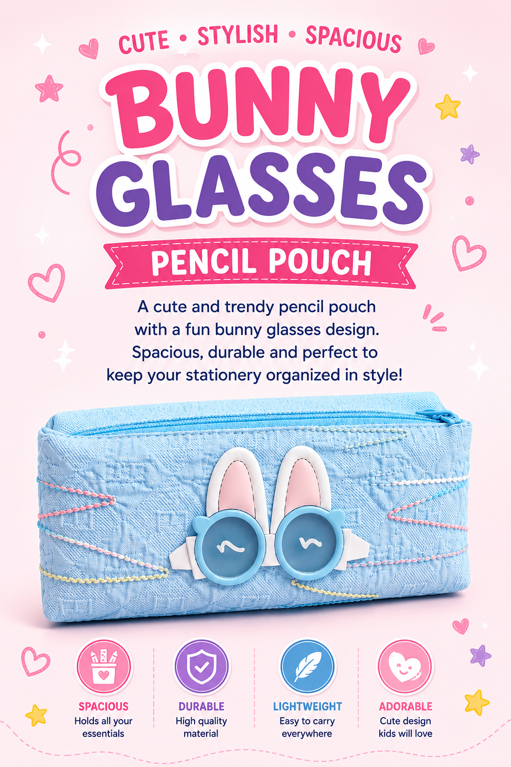 Cute Bunny Glasses Pencil Pouch for Kids | 3D Rabbit Design Zipper Pencil Case for School