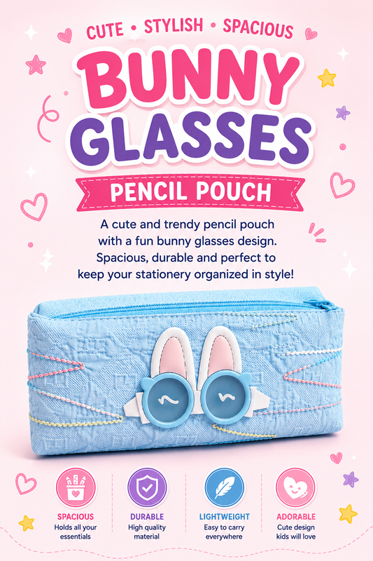 Cute Bunny Glasses Pencil Pouch for Kids | 3D Rabbit Design Zipper Pencil Case for School