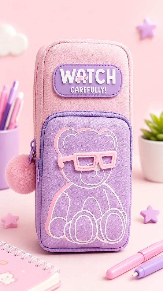 Cute Bear Pencil Pouch for Kids | 3 Compartment Zipper Pencil Case