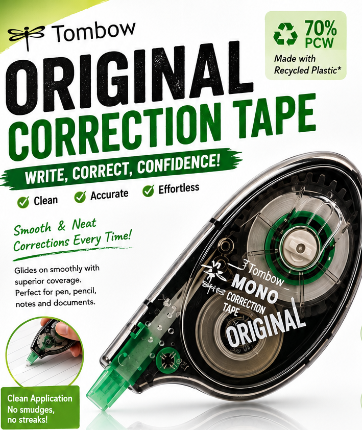 Tombow Original Correction Tape packaging and product display on a white background, featuring a large roll of correction tape, descriptive text, and a small inset showing the tape being applied.