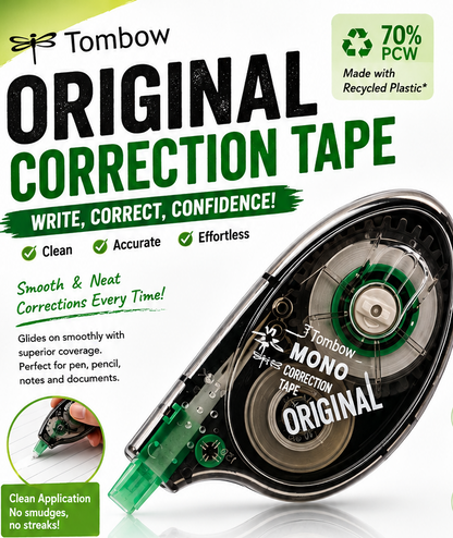 Tombow Original Correction Tape packaging and product display on a white background, featuring a large roll of correction tape, descriptive text, and a small inset showing the tape being applied.
