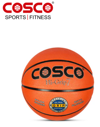 An orange COSCO basketball with black lettering and a blue and yellow grip sticker, shown against a white background with the COSCO Sports Fitness logo in the top left corner.