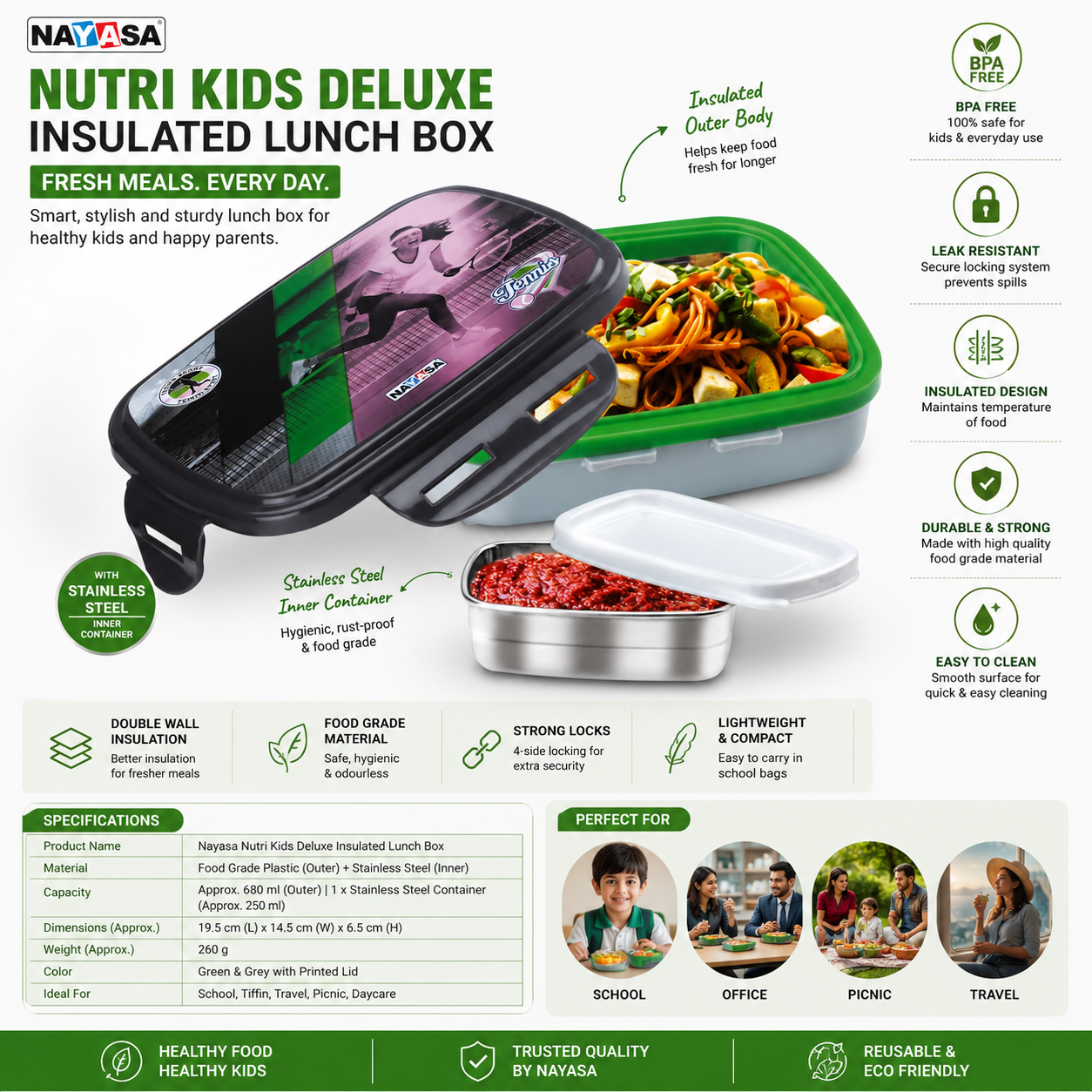 Nayda Nuts Nutri Kids Deluxe insulated lunch box in green and black, shown open with a stainless steel inner container holding pasta and meat, on a white background with feature callouts and icons.