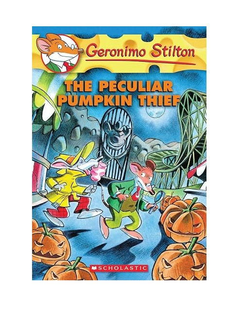 Front cover of the children's book 'The Peculiar Pumpkin Thief' by Geronimo Stilton, published by Scholastic. The cover features colorful cartoon artwork of the characters and pumpkins against a dark blue background.