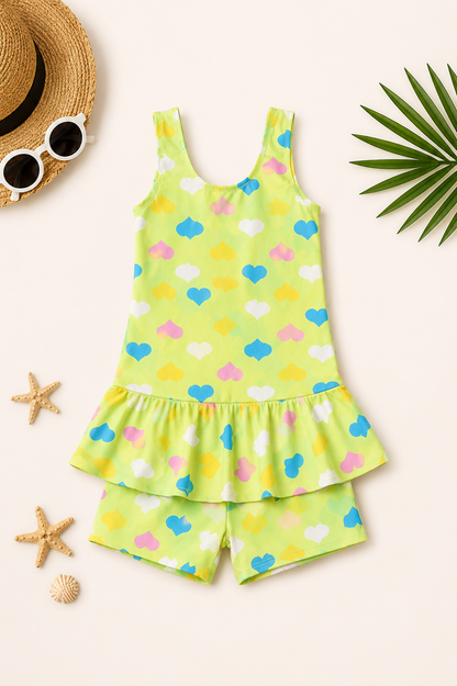 Girls Light Green Heart Print One-Piece Swim Dress with Attached Shorts